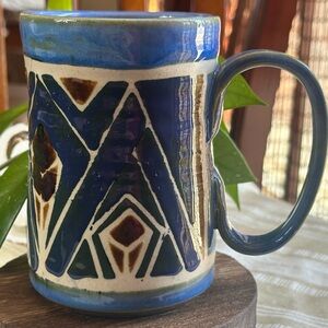 Signed Studio Pottery Mug Blue Geometric Handmade Artisan Ceramic